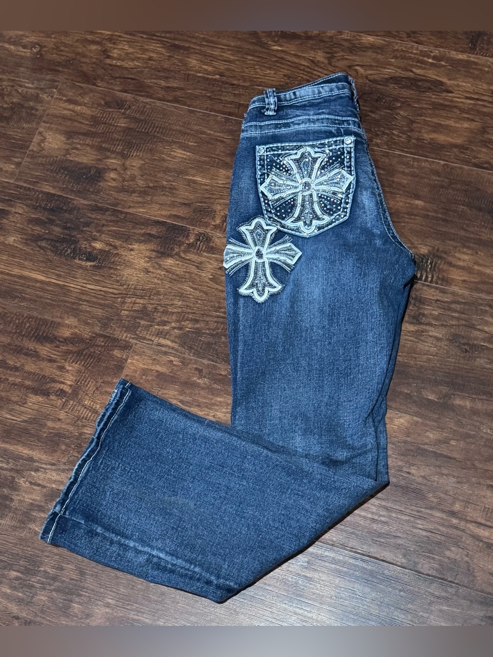 Sky brand Y2K McBling-style dark wash denim bootcut jeans